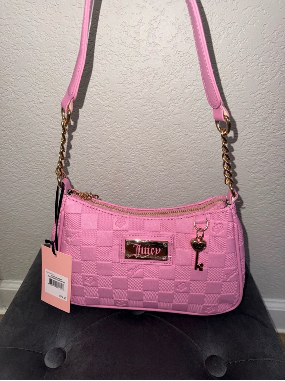 Juicy Couture Pink Quilted Checker Shoulder Bag with Key Charm - Picture 5 of 7